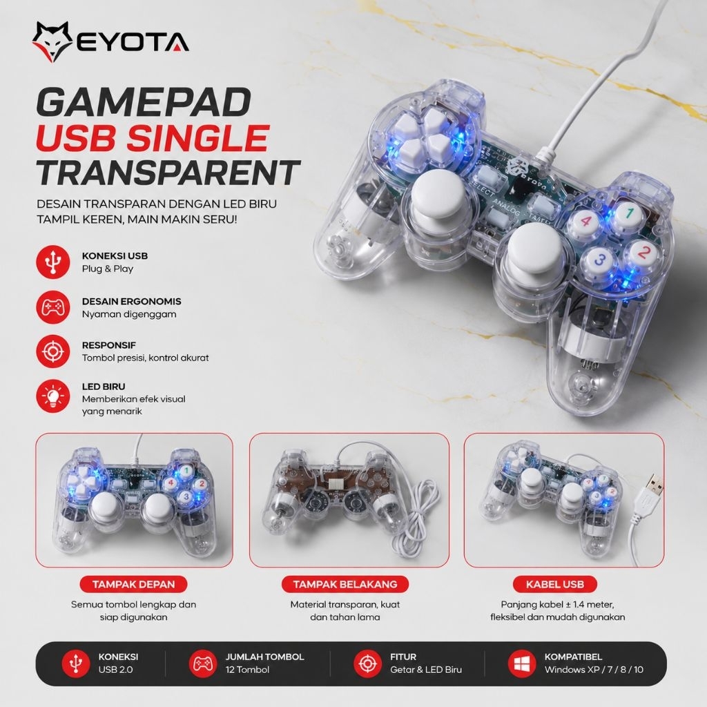 Gamepad Eyota single wired usb 2.0 transparent vibration st88 st-88 for pc laptop ps3 - Joystick 1 t