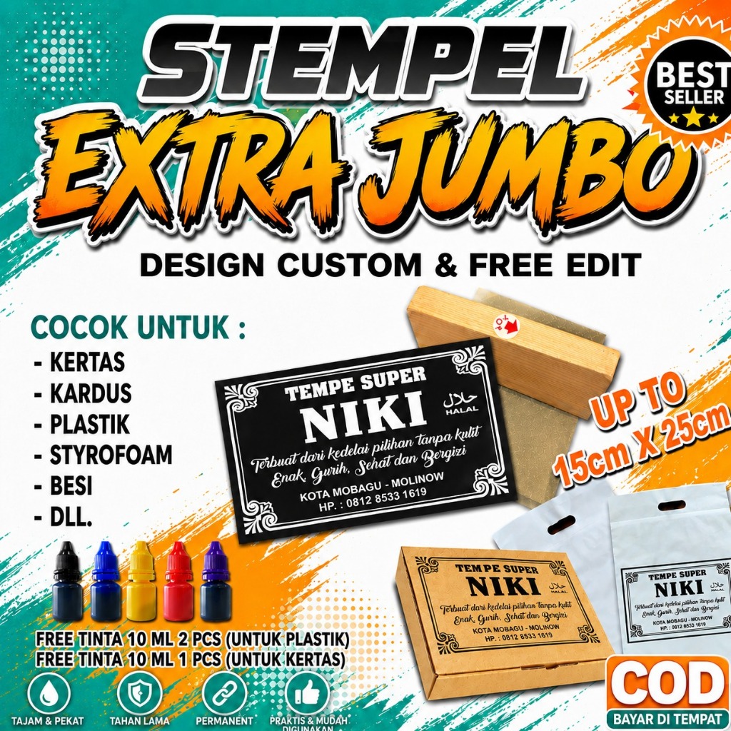Stempel Extra Besar Bahan Plastik / Kertas Waterproof, Free tinta Free Design