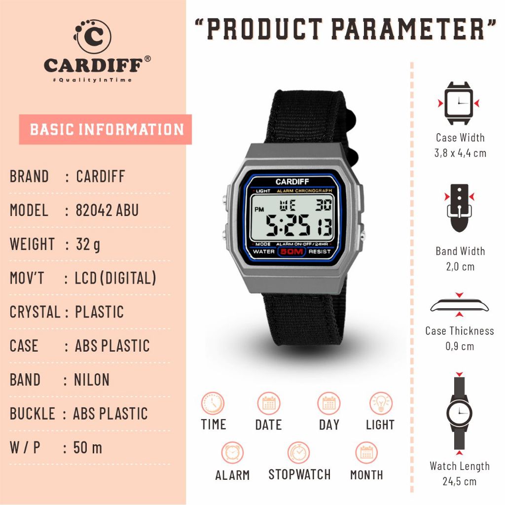 CARDIFF Jam Tangan LCD Nilon 82042 | Tahan Air | Pria Wanita | 50meter