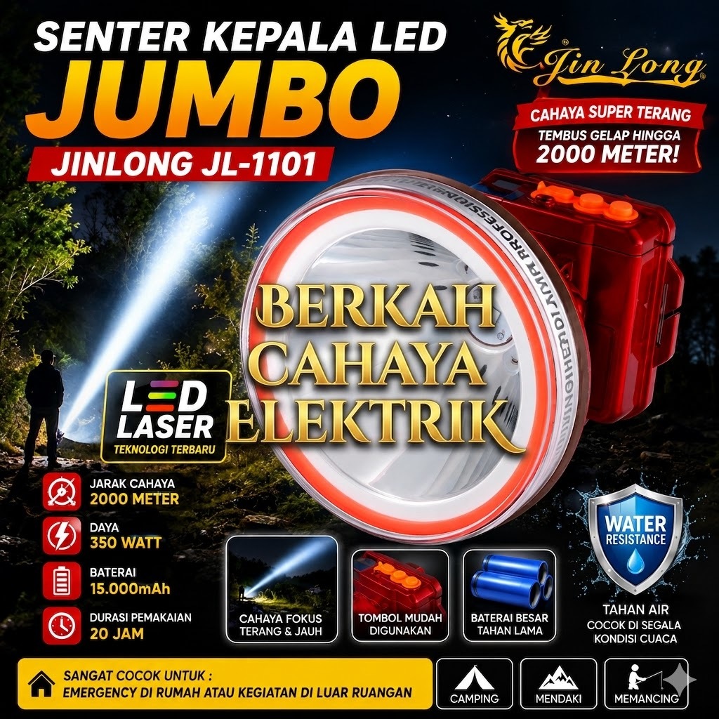 Jinlong JL-1101 Senter Kepala 350W Gratis Lensa Kuning Dan Tripod Mini