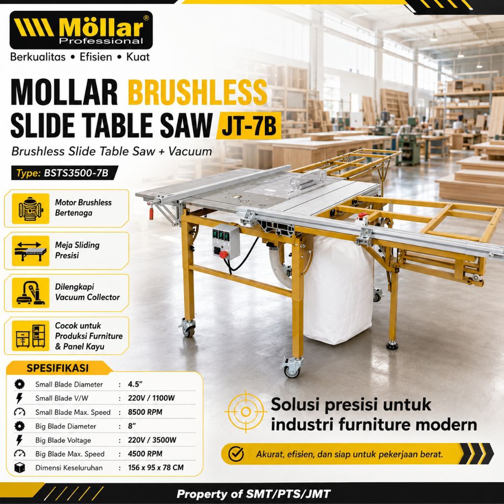 MOLLAR BSTS3500-7B/JT7 BRUSHLESS SLIDING TABLE SAW 8" + VACUUM MEJA KERJA GESER SLIDE