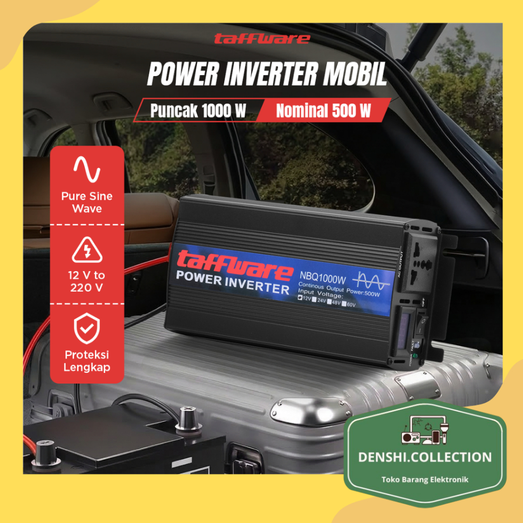Taffware Power Inverter Mobil Pure Sine Wave DC 12V to AC 220V 1000W - NBQ1000W - Black