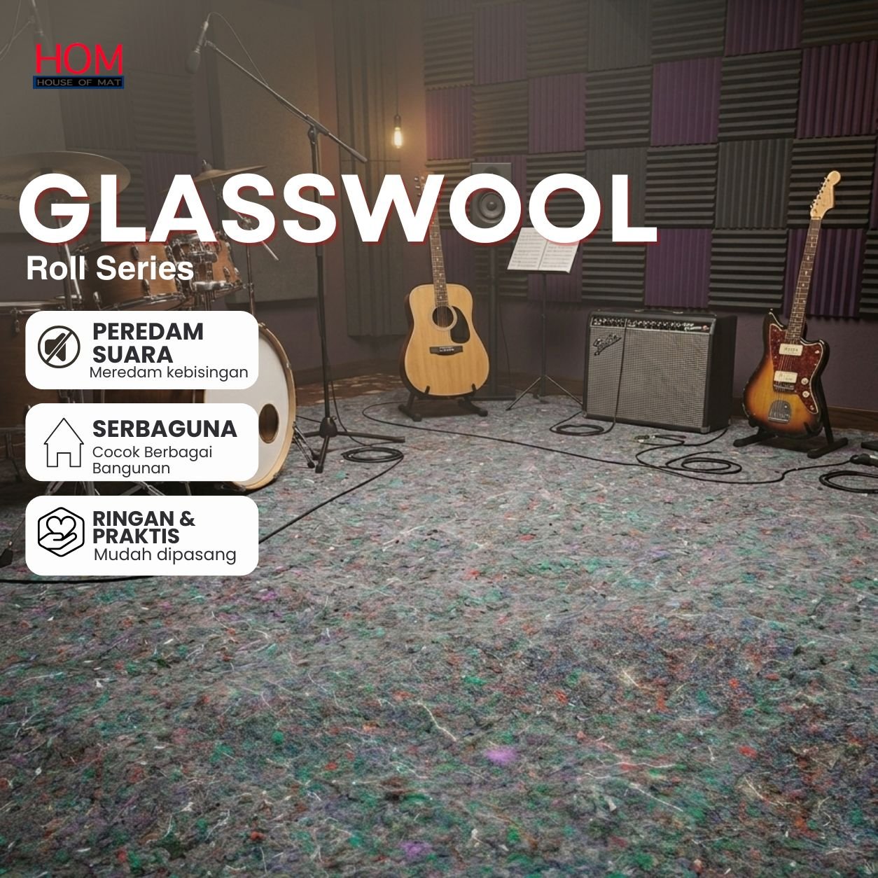 Glasswool Peredam Suara Dinding 10mm | Anti bocor suara kamar/ studio- Lebar 2M