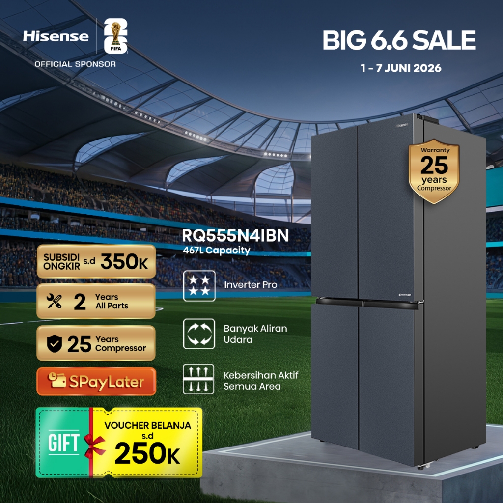 Hisense Kulkas RQ555N4IBN Refrigerator 4 Pintu Kapasitas 468L Warna Hitam Inverter Pro 360 Derajat M