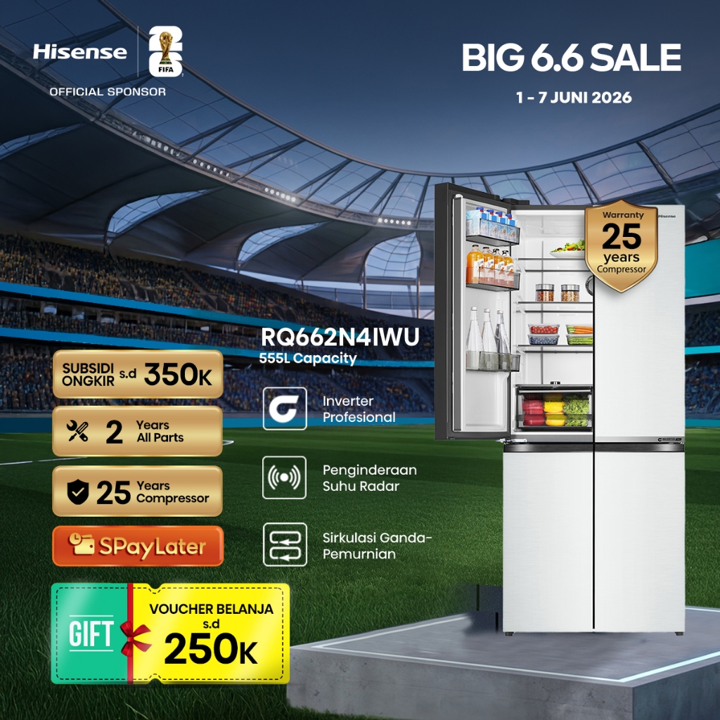 Hisense Kulkas RQ662N4IWU Refrigerator 4 Pintu Kapasitas 555L Warna Putih Inverter Pro 360 Derajat M