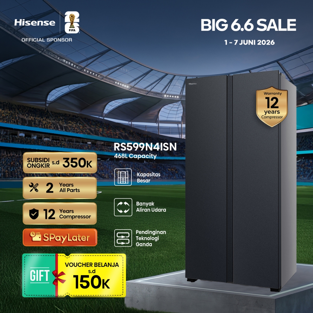 Hisense Kulkas RS599N4ISN Refrigerator Side By Side Kapasitas 468L Warna Abu Inverter Pro Tanpa Bung