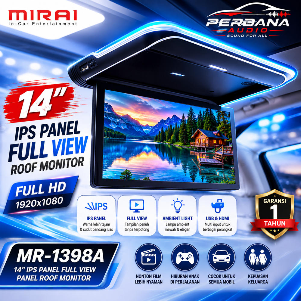 TV Plafon Mobil 14 Inch Android Mirai MR-1398A Roof Monitor IPS Full HD HDMI USB Bluetooth Universal