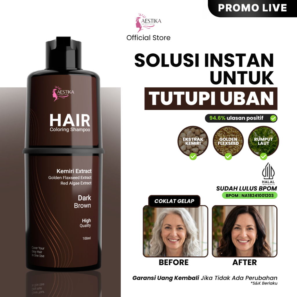 [Promo Live] Aestika Hair Coloring Shampoo Coklat Gelap | Shampo Penutup Uban Rambut Free Amonia