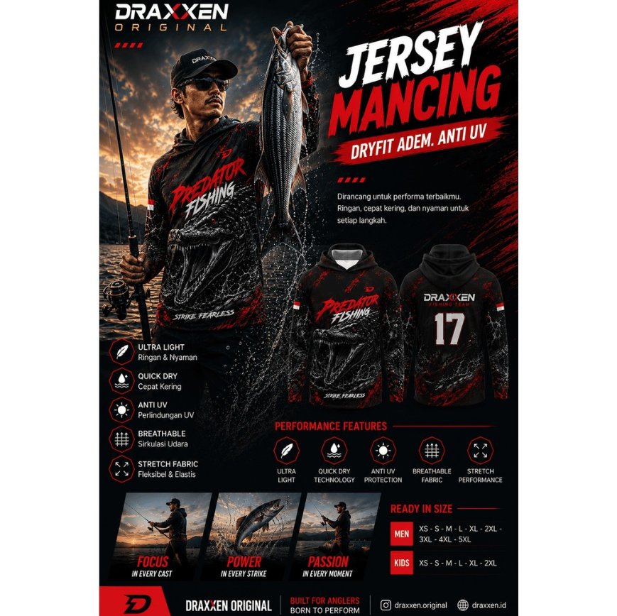 Jersey Mancing Hoodie Custom Nama & Logo Draxxen Originals – Dry Fit Anti UV Lengan Panjang