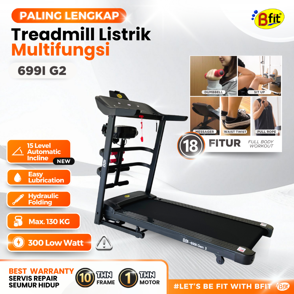Treadmill Elektrik BFIT 699 Multifungsi Murah Listrik Lipat Portable Low Watt Fitness Gym