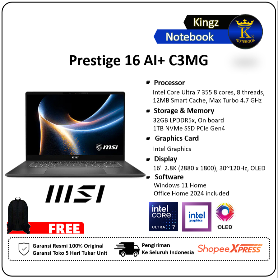 MSi Prestige 16 AI+ Ultra 7 355 32GB 1TB SSD Win11+Office 2024 16" 2,8K OLED