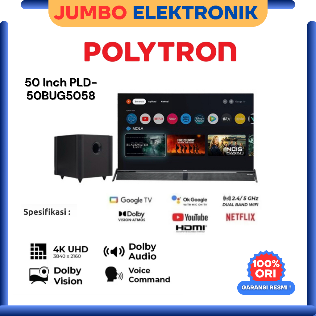 TV LED POLYTRON 50 INCH 50BUG 4K UHD SMART CINEMAX SOUNDBAR GOOGLE TV