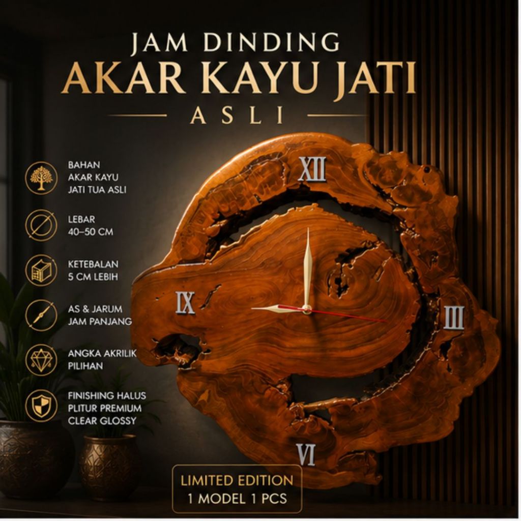 Jam Dinding Kayu Jati Jumbo Klasik Unik Handmade Akar Kayu Elegan Dekorasi Rumah