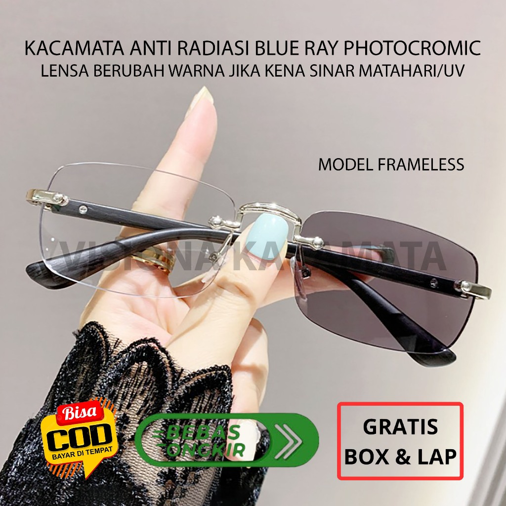 Kacamata Anti Radiasi Blue Ray Photocromic Bluecromic Frameless, Lensa Hitam, Gratis Box & Lap HK600