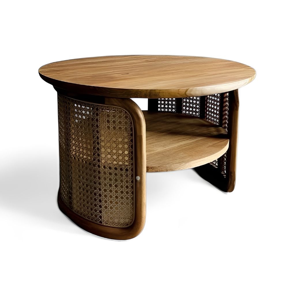 Meja Tamu Bulat Rotan Kayu Jati Solid - Coffee Table Minimalis Scandinavian