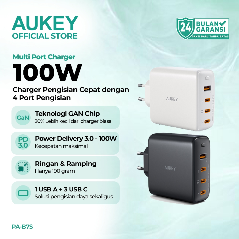 AUKEY Charger 100W USB C USB A Port Multi Fast Charging iPhone Samsung Laptop MacBook PA-B7S