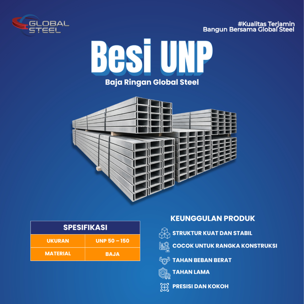 Global Steel - Besi UNP 50–150 (Kanal U) Panjang 6M – Baja UNP Kuat dan tahan lama untuk Rangka & Ko