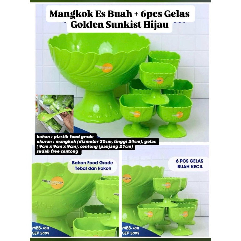 mangkok es buah+6 gelas es buah plastik hijau besar