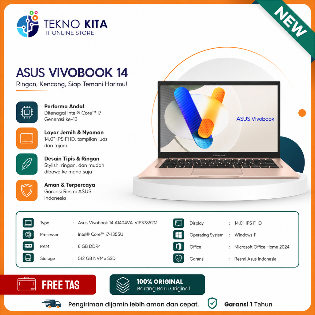 Laptop Warna Pink Asus Core I7 Gen 13 - 8GB - 512GB SSD - 14" IPS FHD - Intel UHD Graphics - Windows