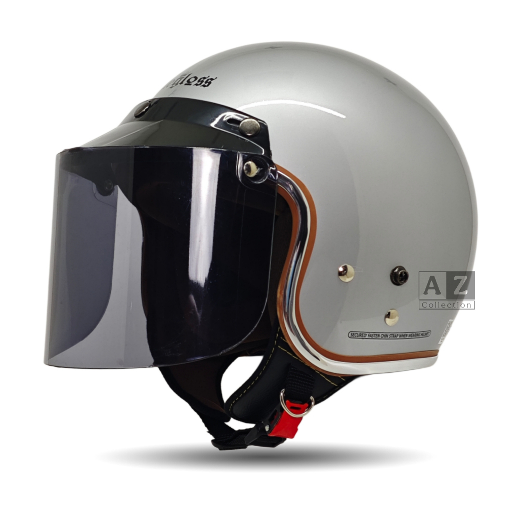 Helm Bogo Retro Klasik Silver Mengkilap Set Kaca Flat Smoke | Helm Vespa Scoopy Fazzio Half Face Gre