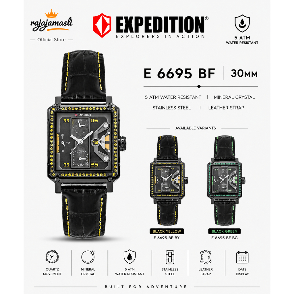 Expedition E 6695 BF Jam Tangan Wanita Black Dial Leather Strap 30mm Stainless Steel 5 ATM Water Res