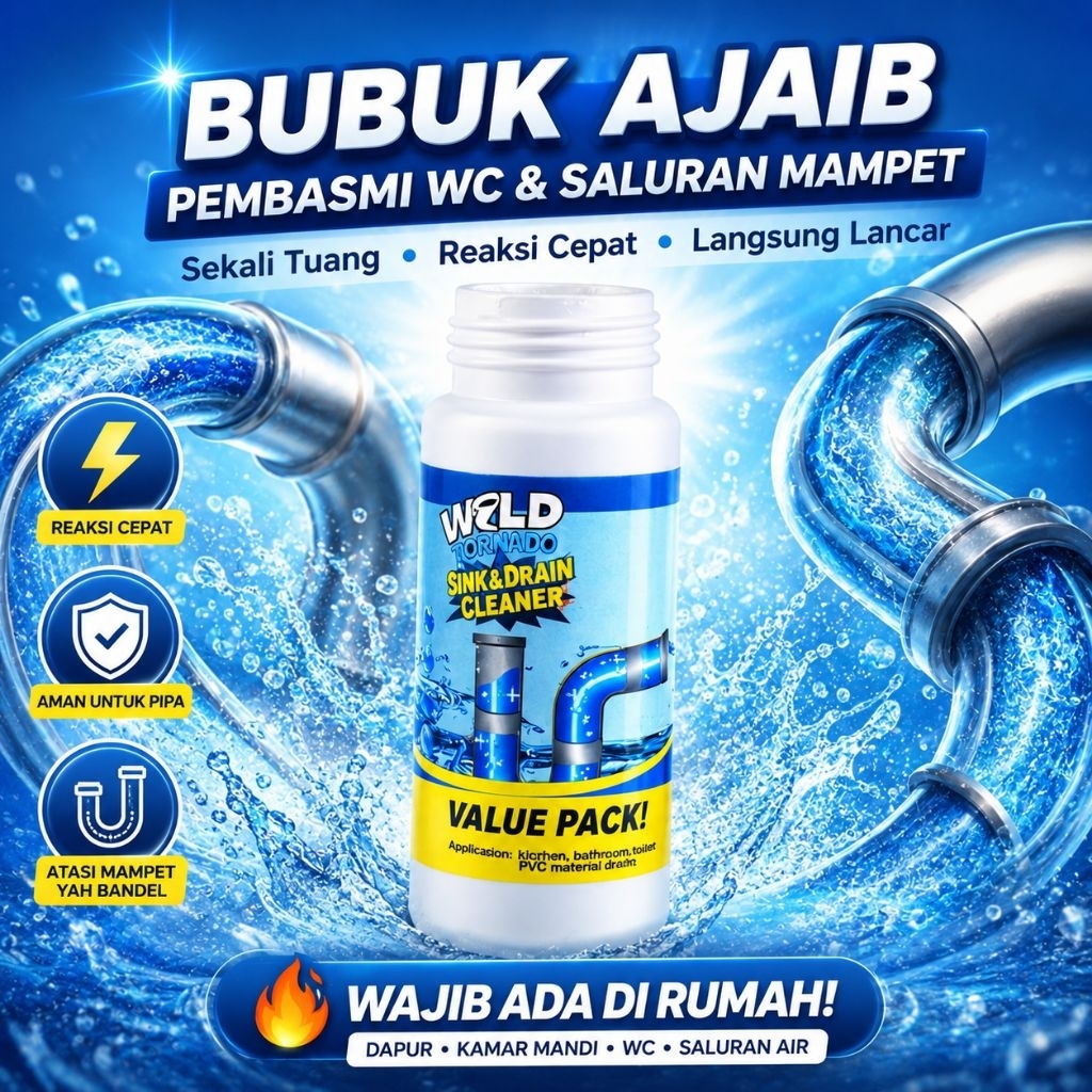 Wild Tornado Bubuk Ajaib Anti Sumbat Pembersih Saluran Mampet WC Wastafel Pipa PVC Value Pack Reaksi