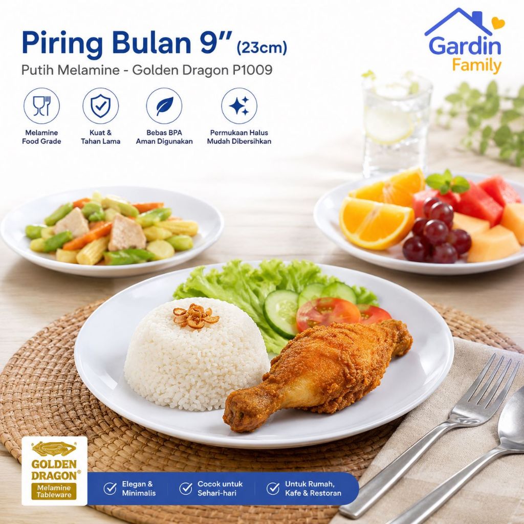 Piring Bulan 9" 23cm Putih Melamine - Golden Dragon P1009