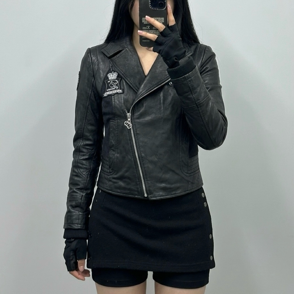 EXR kulit domba Jaket kulit asli biker cewek ramones rider bordir patch jaket motor wanita genuine l