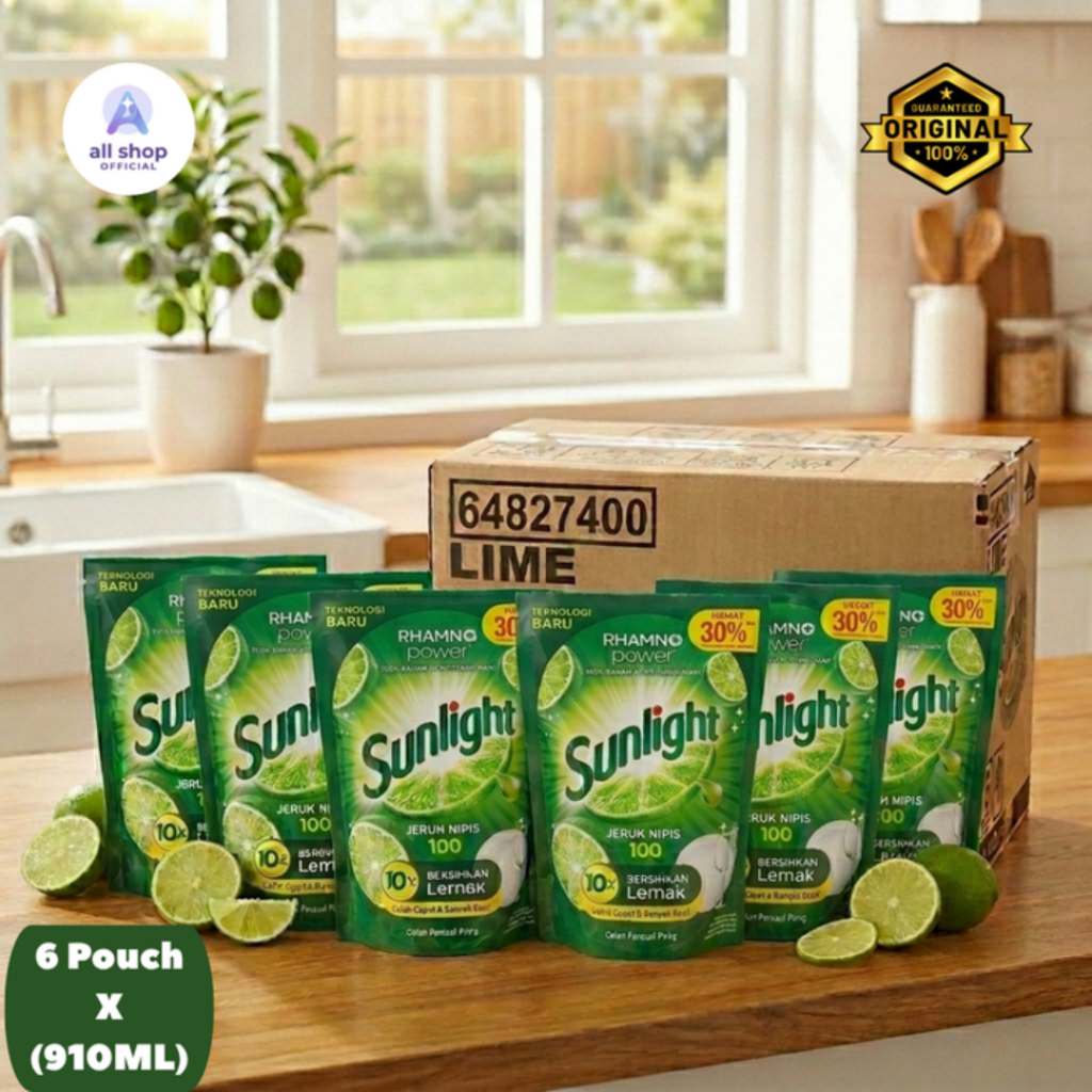 Sunlight Sabun Cuci Piring Jeruk Nipis 910ml 1 Karton Dus Isi 6 Pouch Ampuh Hilangkan Lemak Bandel