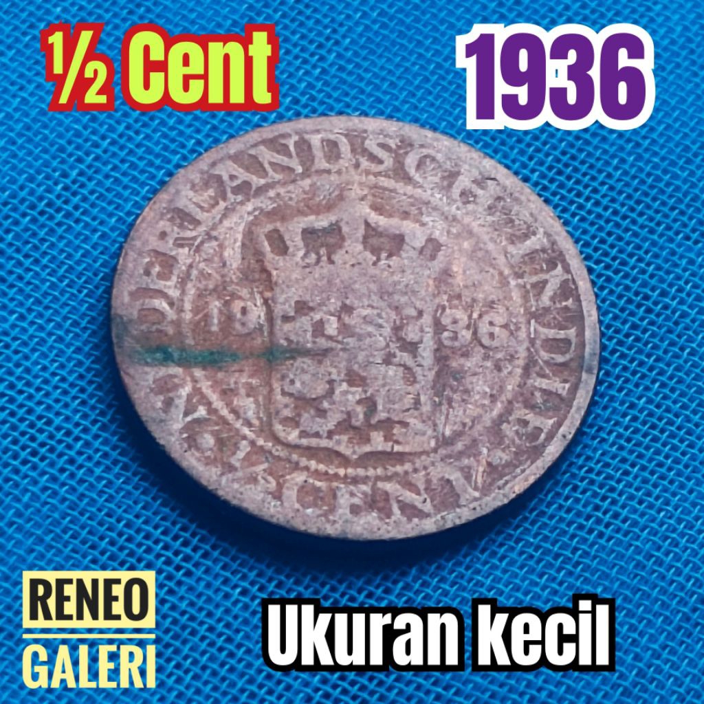 Koin kecil ½ cent tahun 1936 asli korosi Nederlandsch Indie 1/2 0,5 setengah uang kuno jaman Hindia 