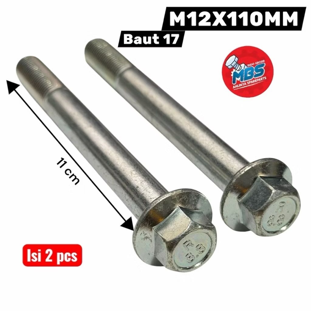 BOLT FLANGE M12X110 BAUT 17 TOPI PANJANG 11 cm BAUT SHOK AREM MOBIL UNIVERSAL BAJA CARBON