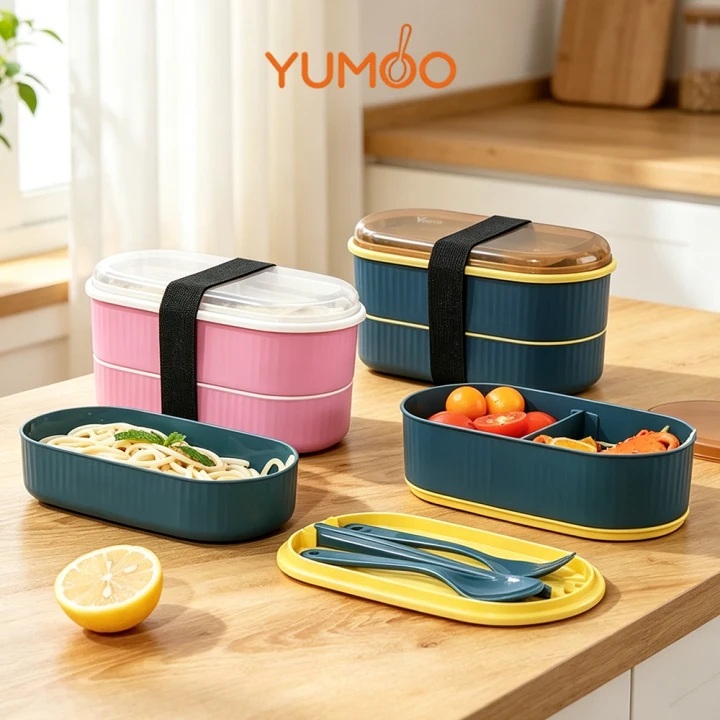 YUMOO Kotak Bekal 900ml/Kotak Makan 2 Lapis/Tali Bawa/Bekal Sekolah Berperalatan
