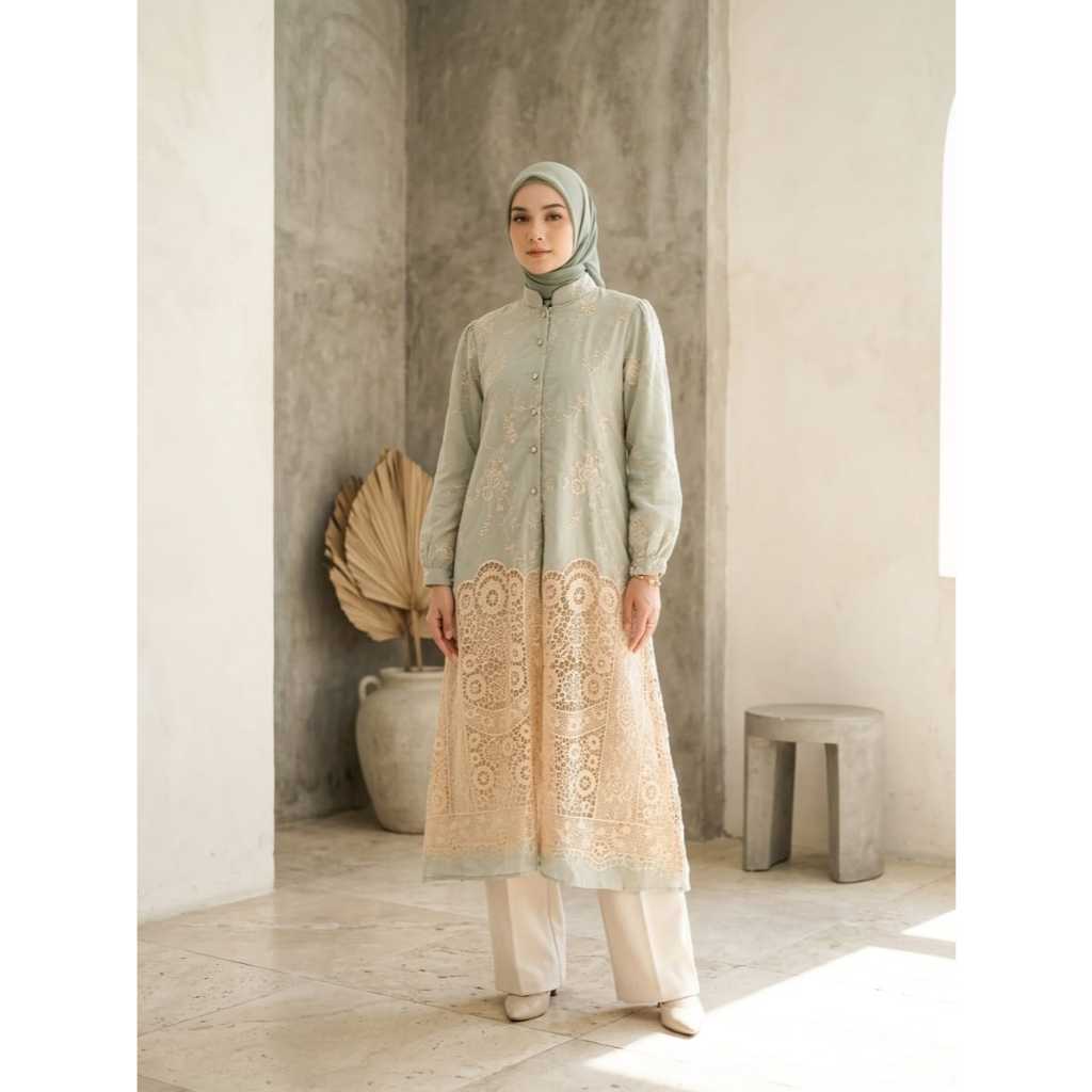 Long Tunik Mix Brokat Lace Elegan Mewah Simple dan Minimalis