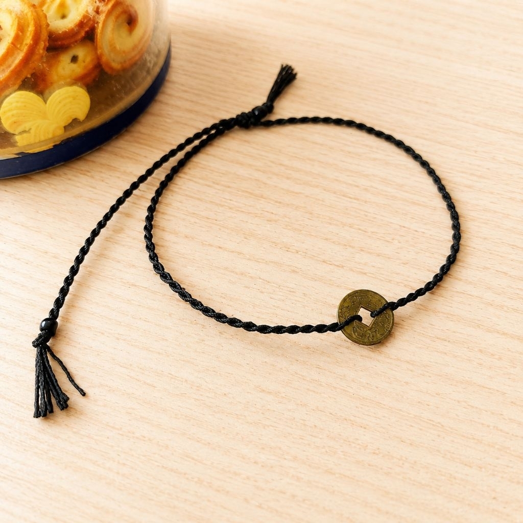 Gelang Tali Keberuntungan Koin Feng Shui Merah Hitam Adjustable Handmade