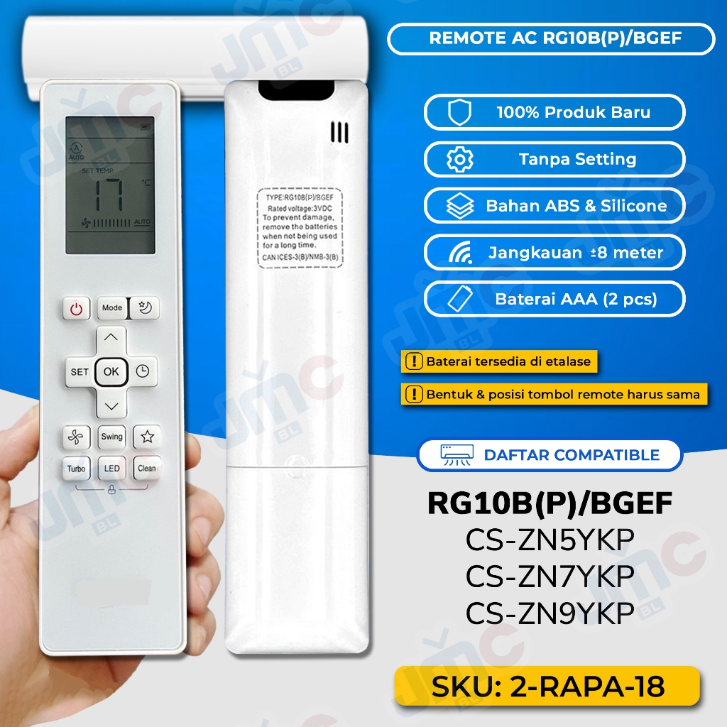 JMC Pengganti Remote AC Panasonic RG10B(P)/BGEF CS-ZN5YKP CS-ZN7YKP CS-ZN9YKP