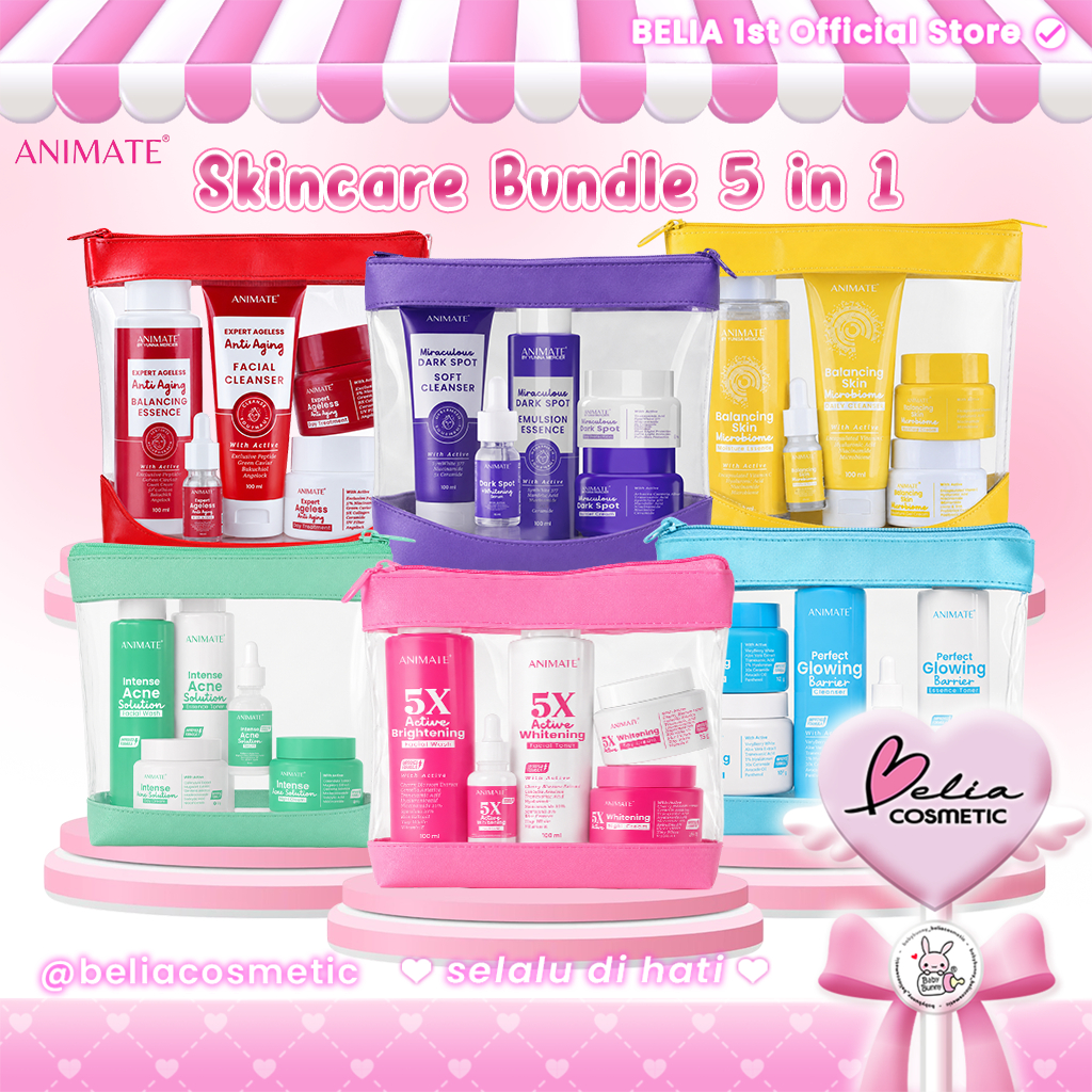 [ BELIA ] ANIMATE Skincare Package 5 IN 1 Series Free Pouch | Acne Solution | Glowing Barrier | Whit