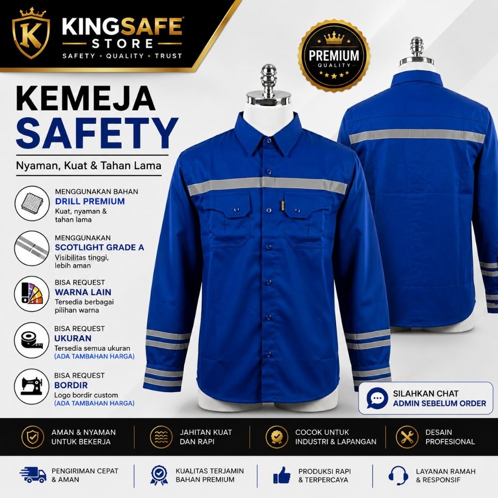 BAJU SAFETY LENGAN PANJANG - BAJU SAFETY BAHAN DRILL - BAJU ATASAN SAFETY WARNA BIRU BENHUR