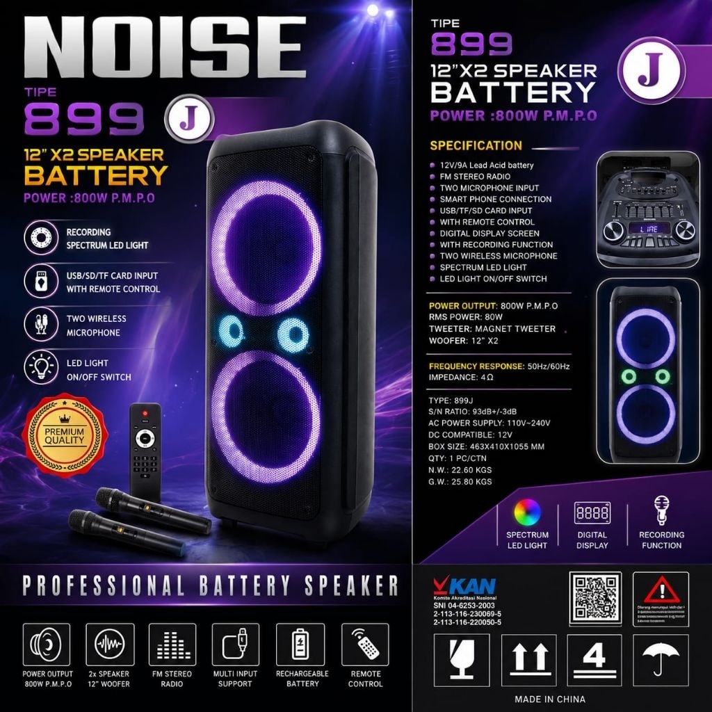 Speaker Karaoke Portable NOISE 899 J Double 12 Inch x2 Subwoofer