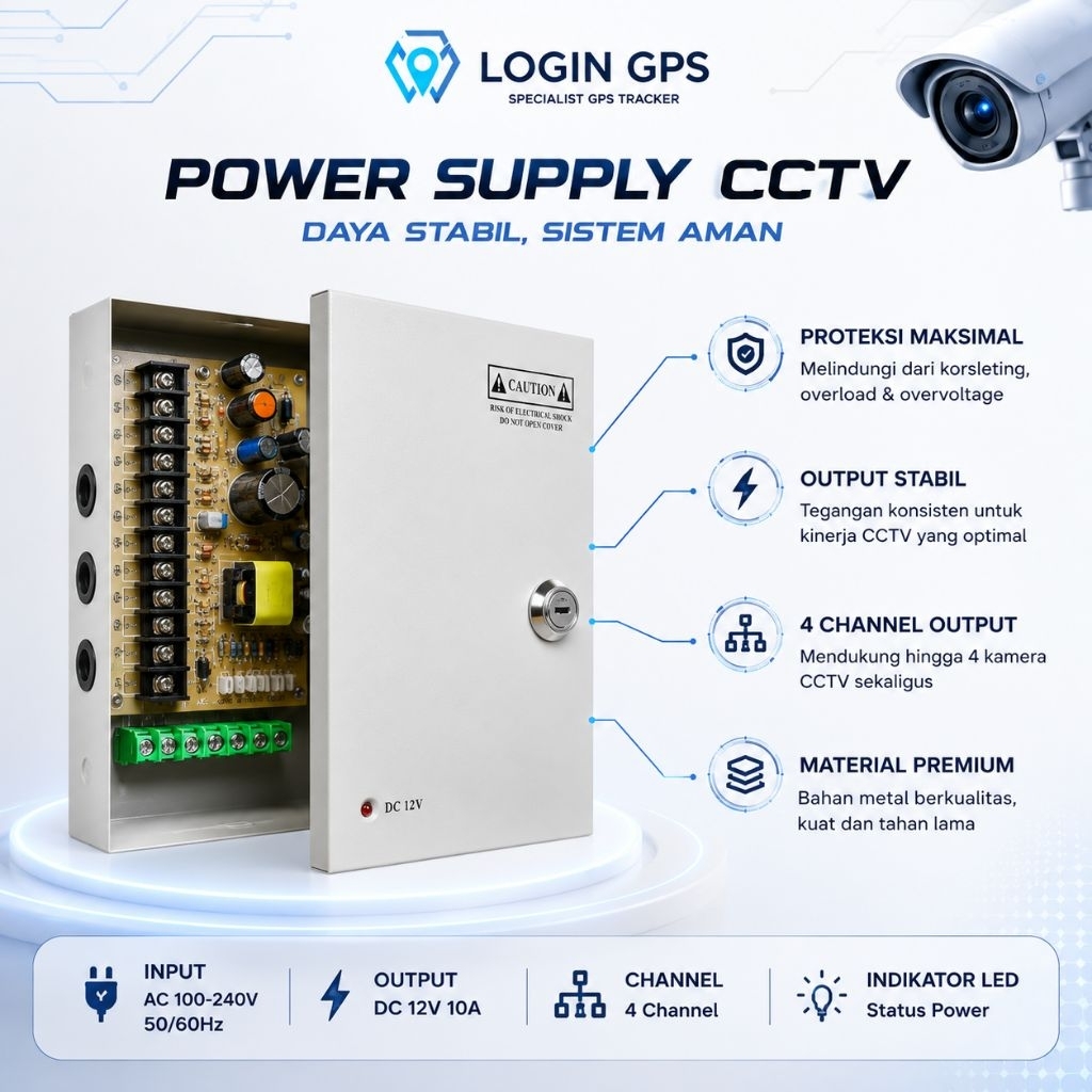 Power Supply Box CCTV 12V 10A 4 Channel Box Besi Adaptor Kamera CCTV Dengan Kunci | Login Kota Bandu
