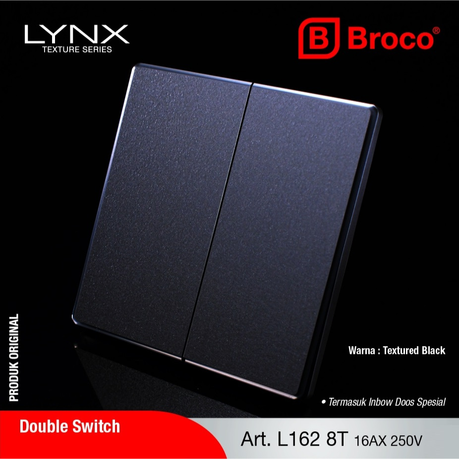 BROCO LYNX IB Saklar Seri Double Hitam Black 2 Gang 1 Way L162 8T + Bonus Inbow Dus