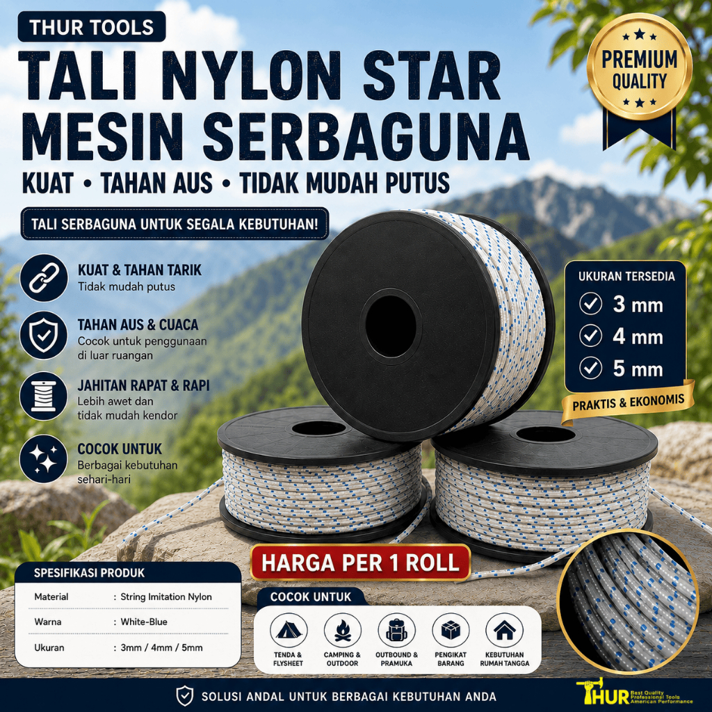 THUR Tali Stater 3mm 4mm 5mm 1 ROLL 100 METER / 100 M Tali Pullstarter Nylon Serbaguna Potong rumput