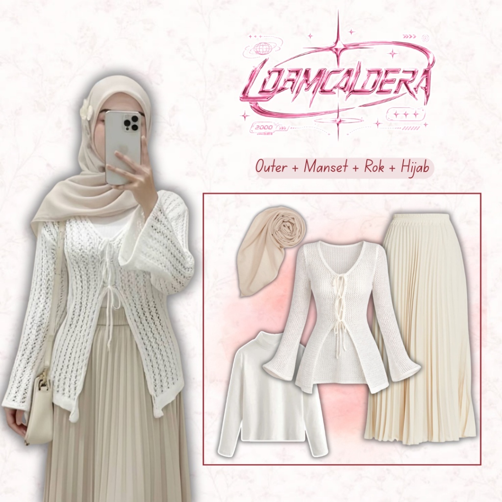 Outfit Wanita Korean Style 4in1 / Outer Rajut Loam Caldera + Manset Spandek Balon Putih + Rok Hyget 