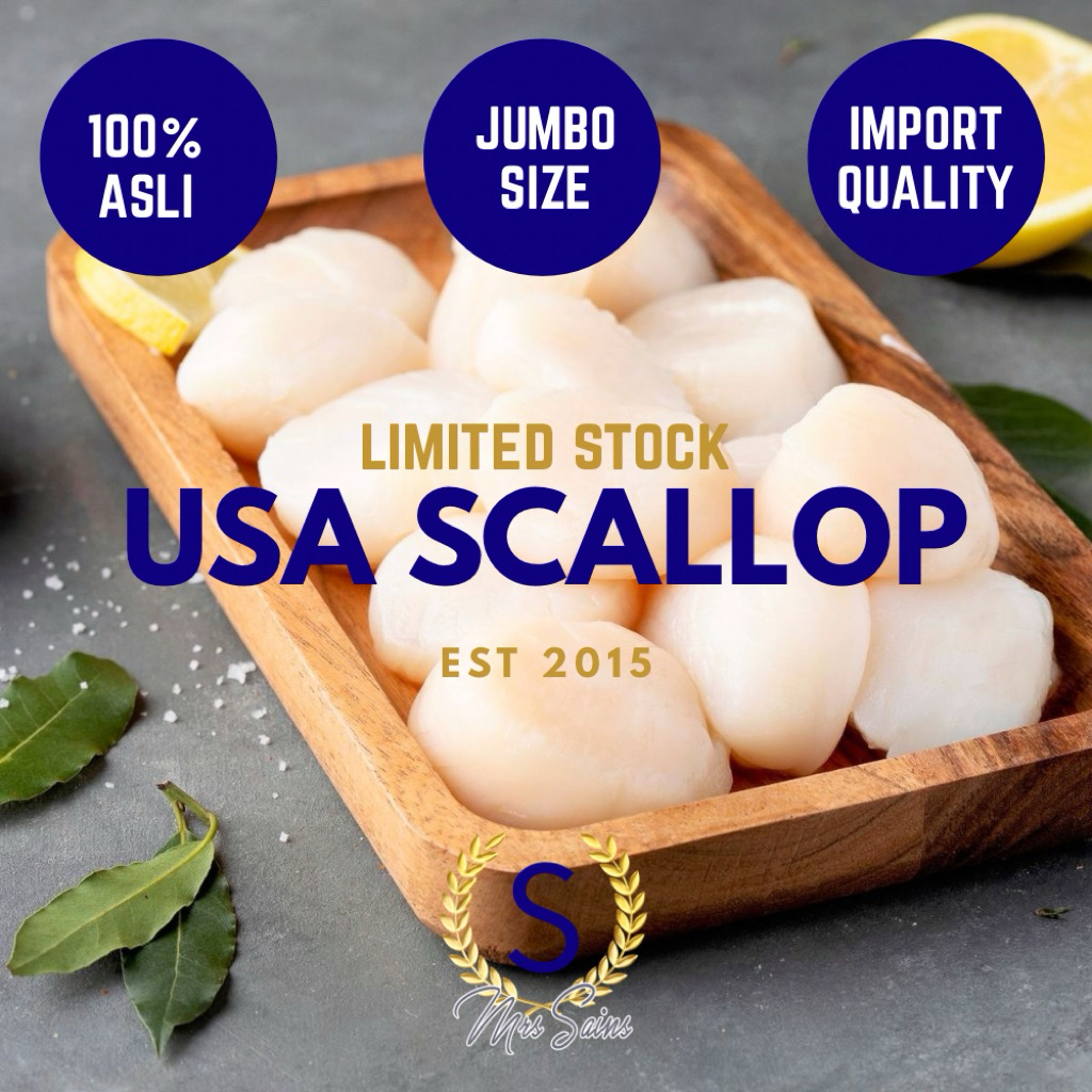 ikan KERANG USA SCALLOP IMPORT SIZE 10/20 PER KG (PACKING @250GR) MAKANAN BEKU [FROZEN FOOD SEAFOOD]