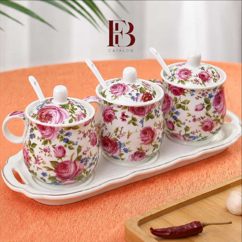 FANYBELLA| Tempat Bumbu Keramik Rak Dapur Set Aesthetic Mewah Import Prasmanan Shabby Chic Queen Ros