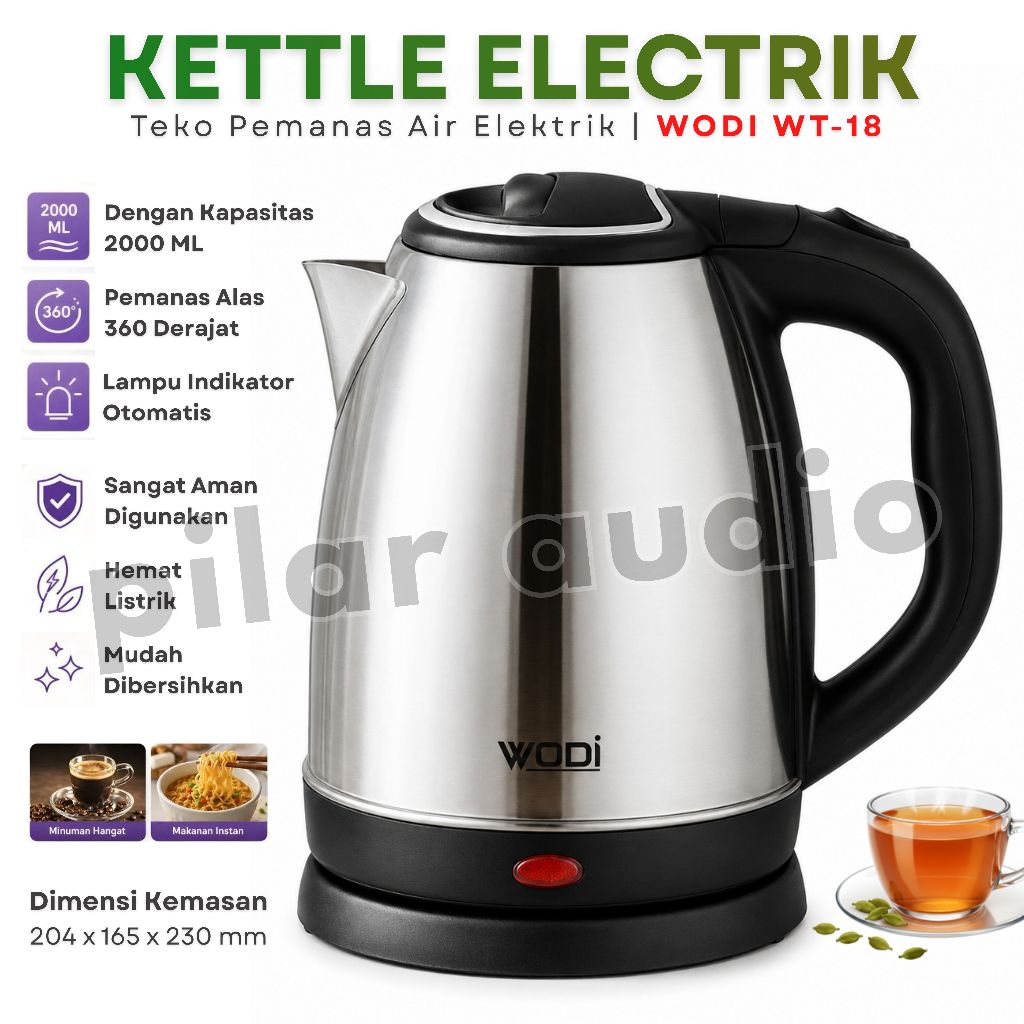 WODI WT-18 Ketel Listrik 2 Liter Stainless Steel Low Watt 350W Teko Elektrik Cepat Panas Auto Shut O