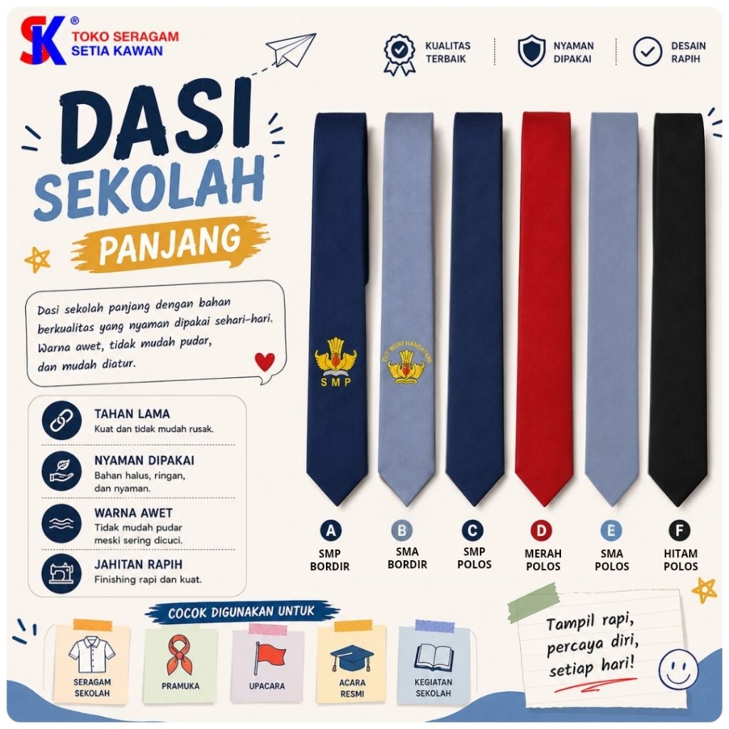 Dasi Sekolah SD SMP SMA SMK Bahan Premium / Dasi Polos SMP SMA SMK / Dasi Sekolah Bordir panjang