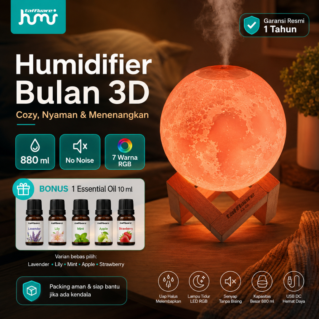 Stuffware | Taffware HUMI Air Humidifier Ultrasonic 3D Moon RGB Night Light 880ml + GRATIS Aromatera