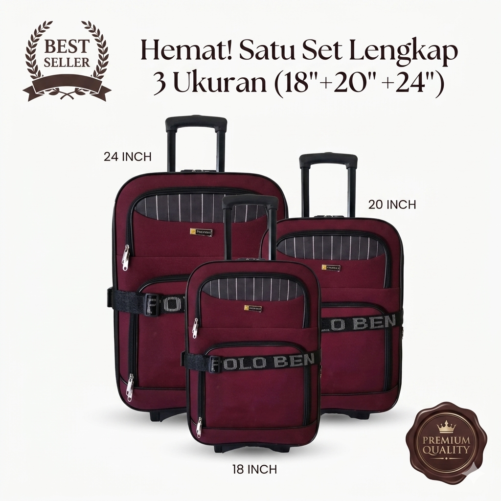 Set Koper Kain Polo Premium - Ukuran 18 20 24 Inci - Merah Marun - Kabin Bagasi - Tas Travel Pria Wa