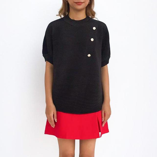 Magnolia Collection Atasan Wanita Blouse Plisket Kancing 3 Serong Hitam