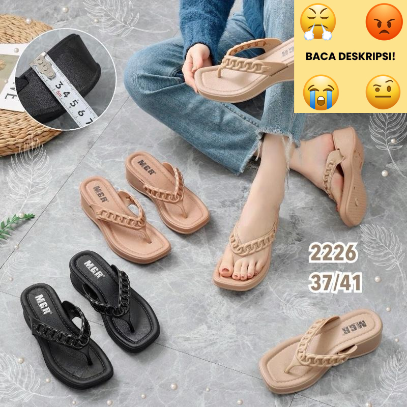 [NEW] Sandal Jepit Wedges Karet Jelly Korea Wanita Ring Rantai Simple Elegan Cantik Impor MGR Mokaya